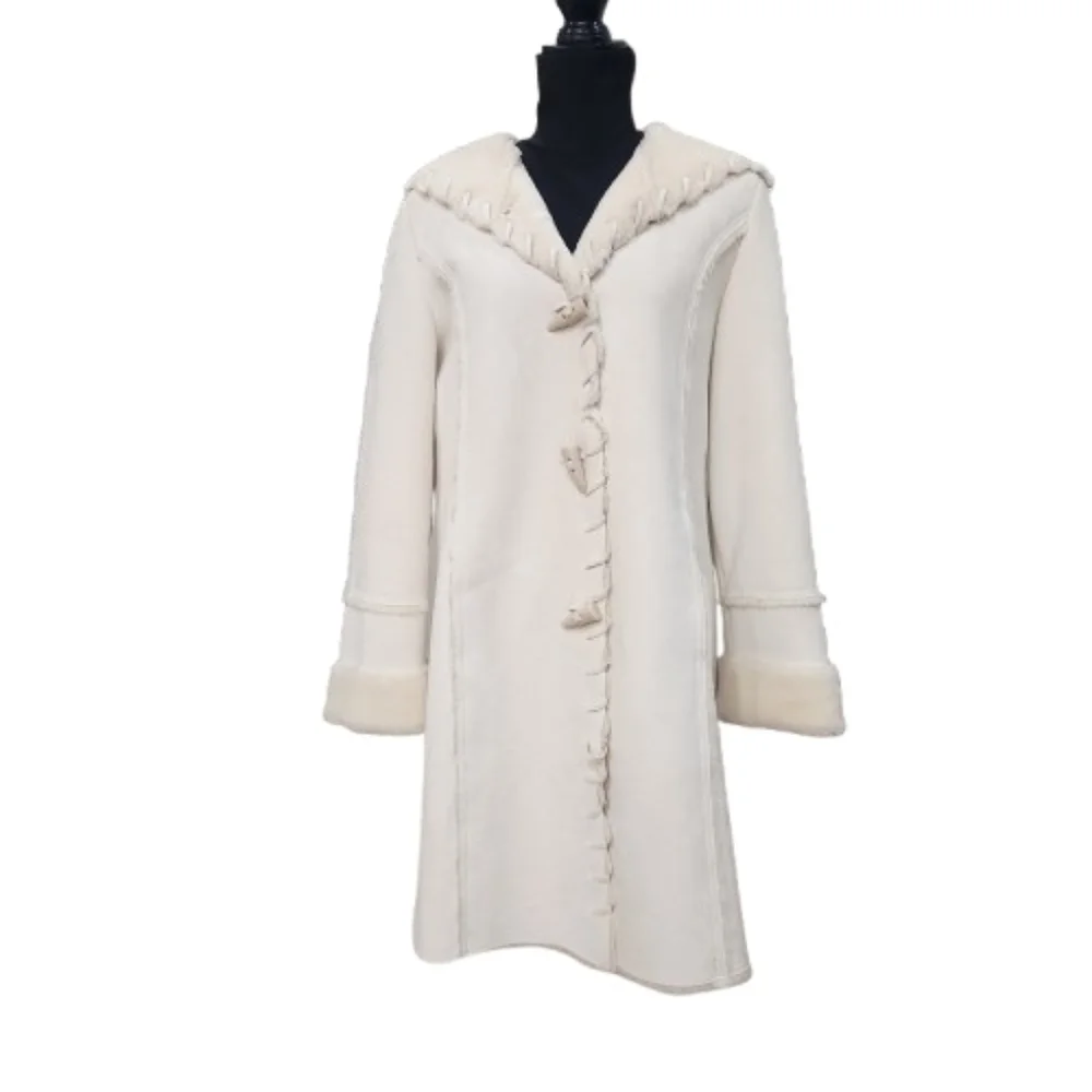 Vtg Coldwater Creek Ivory Whipstitch Faux Shearling Hooded Toggle Coat W Medium